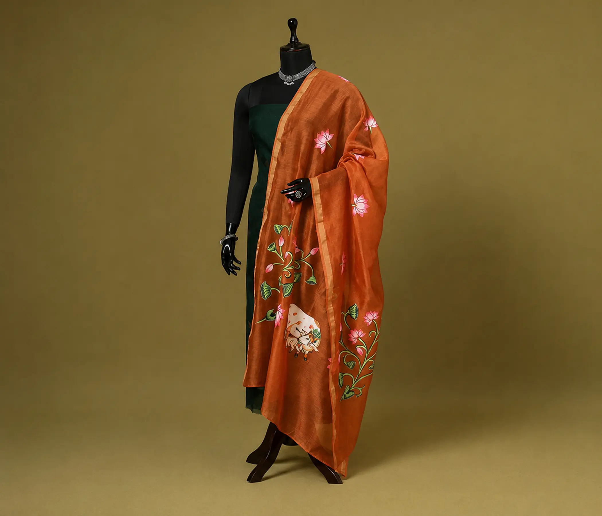 Hand-Painted Rust Orange Dupatta with Lotus and Pichwai Cow Art